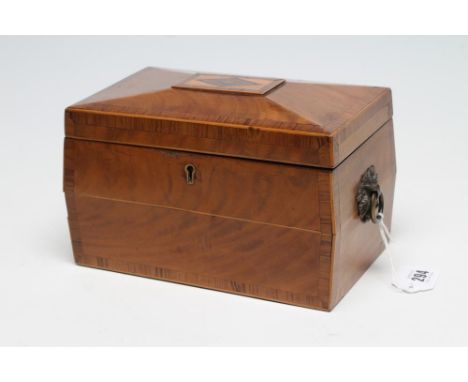 A GEORGIAN MAHOGANY TEA CADDY, c.1800, of sarcophagus form with rosewood banding and foliate brass drop handles, hinged lid w