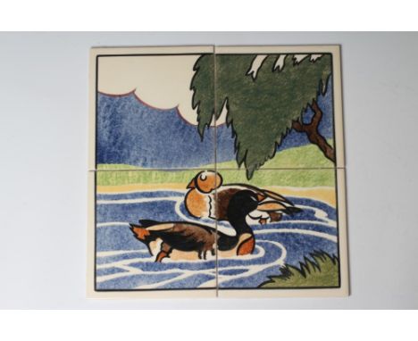 A CARTER'S POOLE POTTERY "FARMYARD SERIES" TILE PANEL - "DUCKS" - stencilled with two ducks swimming, each initialled EE, 12"