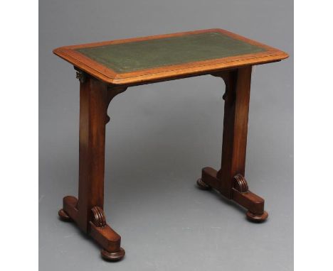 A VICTORIAN MAHOGANY WRITING TABLE, the hinged adjustable rounded oblong top lined in green leather and with sliding hinged p