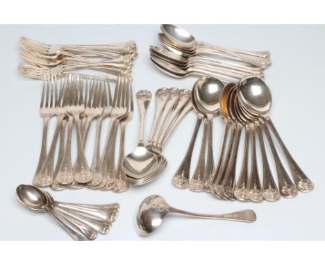 A SILVER TABLE SERVICE for twelve place settings, maker Manoah Rhodes, Sheffield 1924, in shell and tear pattern with shell h