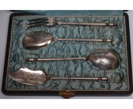 A FRENCH SILVER DESSERT SET, maker Nicaud, 950 standard, (Minerva 1), with engine turned cylindrical handles, comprising butt