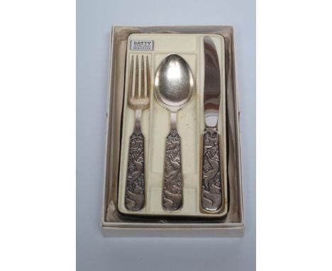 A SILVER THREE PIECE CHRISTENING SET, London import marks 1964 (knife), all marked Norway, Sterling, D.A., 1925, the handles 