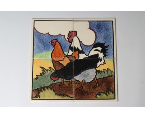 A CARTER'S POOLE POTTERY "FARMYARD SERIES" TILE PANEL - "COCKEREL AND HENS" - stencilled with a cockerel and two hens, all nu