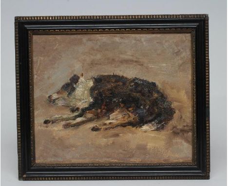 HERBERT F. ROYLE (1870-1958), Portrait of the Artist's Sleeping Sheep Dog, oil on board, unsigned, 10 1/4" x 12 1/2", ebonise
