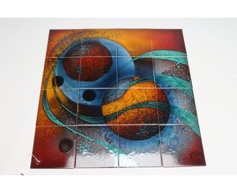 A TILE PANEL designed and painted by Alan Clarke and Janice Tchalenko in ochre, red, green and blue with&nbsp; abstract swirl