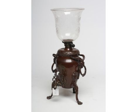 A VICTORIAN PLATOWS PATENT AUTOMATON BRONZED METAL COFFEE PERCULATOR, the rounded conical body with two satyr mask ring handl