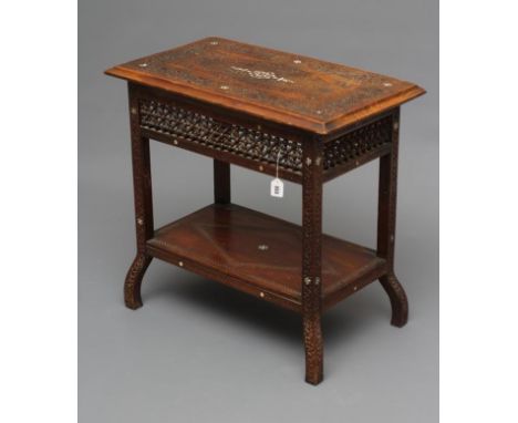 A SYRIAN HARDWOOD AND MOTHER OF PEARL INLAID OCCASIONAL TABLE, c.1900, the moulded edged oblong top with central geometric pa