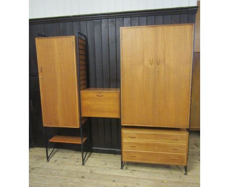 A LADDERAX TEAK BEDROOM UNIT, comprising a double wardrobe with hanging space and shelves and lug handles, a single wardrobe,