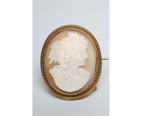 A LATE VICTORIAN 15CT GOLD MOUNTED SHELL CAMEO BROOCH, the oval panel carved in relief with the bust portrait of a young lady