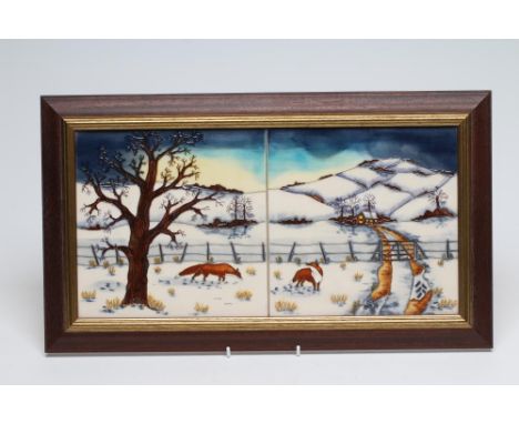 A MOORCROFT WOODSIDE FARM "TILE" PLAQUE, 2000, designed by Anji Davenport, inscribed in brown, 8" x 16 1/4", framed  (Est. pl