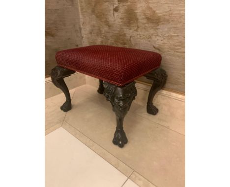 A pair of Decca Hall Bench Upholstered Red Seat Pad With Nail Head Trim On Mask Knuckle Cabriole Legs Terminating In Ball And