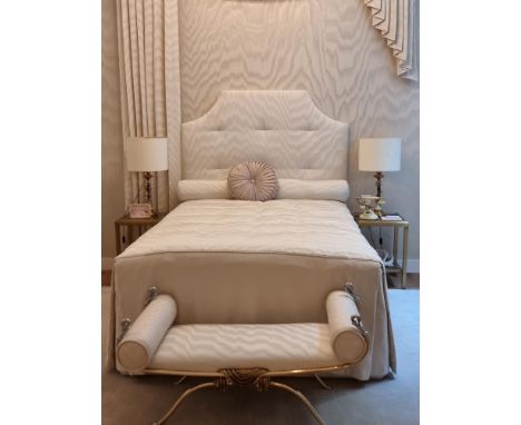 Vidal Grau&nbsp;French Empire Scroll Bench&nbsp;the elegant brass frame embellished with swan neck finials upholstered in Ded