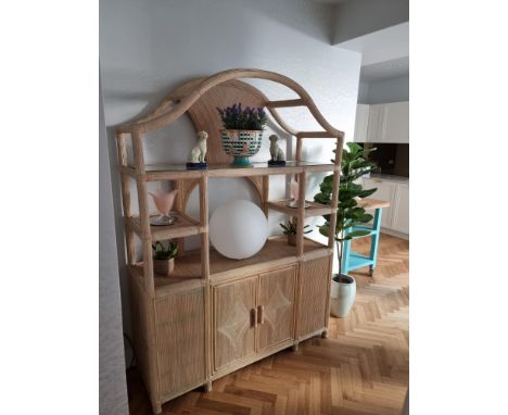 Vintage 1980s Boho Chic bamboo etagere two door cupboard under a compartmental shelf design 135 x 46 x 188cm (Apt 10)