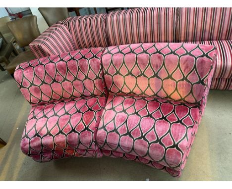 2 x Lounge seat sofa single seater upholstered in velvet pink and black 830mm x 750mm x 480mm