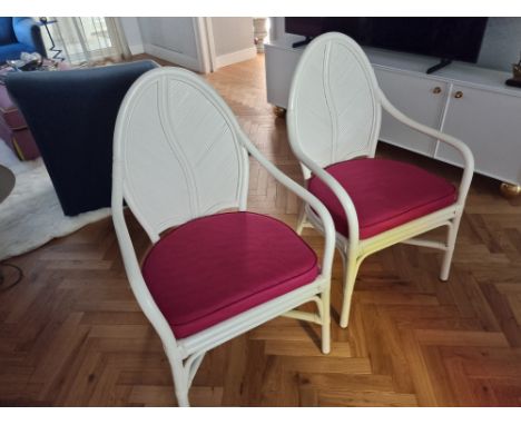 Dining Chairs&nbsp; A Set Of 6 :x Vintage Painted Cream White Banana Leaf Shaped Back Rattan Dining Armchairs Complete With R