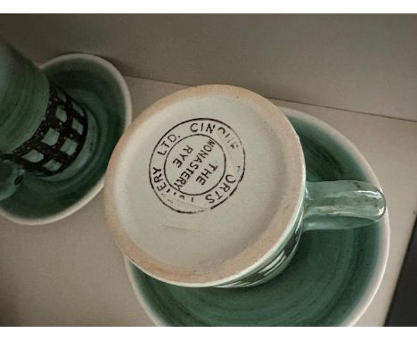Vintage&nbsp;Cinque Ports Pottery (The Monastery) Rye&nbsp; green coffee set comprising of 6 x cups and saucers and a sugar b