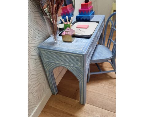 Vintage 1980s French blue desk and chair the desk with three drawers and overall finished in a textured wavy blue and white f