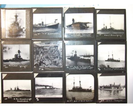 A collection of 54 magic lantern glass slides, including: 24 slides of WWI battleships and submarines, many by Newton &amp; C