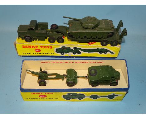 Dinky, 660 Tank Transporter, (boxed), 651 Centurion Tank, (no box), 697 25-pounder Field Gun Set, (boxed) and two 674 Austin 