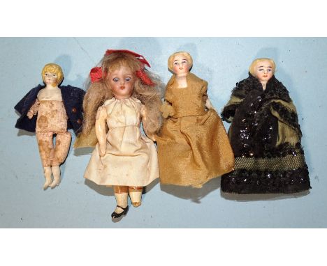 Three 19th century German dolls-house dolls, with bisque shoulders and heads and lower limbs, (one arm missing), all 9cm appr