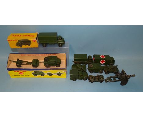 Dinky Toys, 621 3-Ton Army Wagon, 697 25-Pounder Field Gun Set, (both boxed, boxes a/f), seven unboxed army issues and one Cr