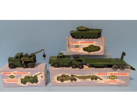 Dinky Supertoys, 661 Recovery Tractor, (boxed with inner packing piece), 660 Tank Transporter and 651 Centurion Tank, (all bo