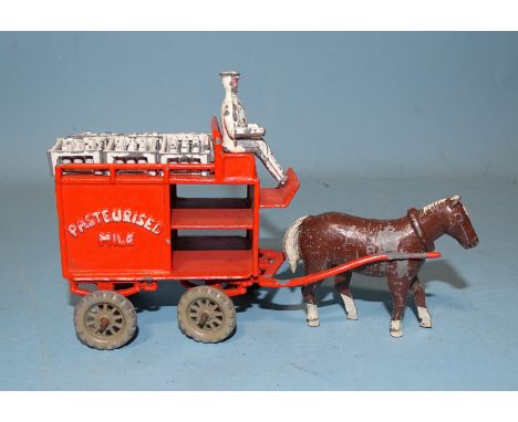 Lesney Toys, an&nbsp;early large-scale horse-drawn milk float "Pasteurised Milk", orange with six white crates, grey wheels, 