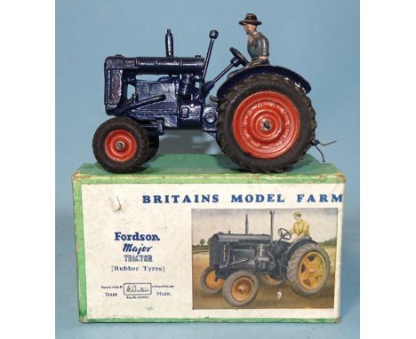 Britains Model Farm 128F Fordson Major tractor, (rubber tyres), with driver (missing arm), (boxed, no inner packing). 