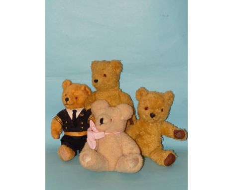 A small Chad Valley teddy bear,&nbsp; a Pedigree teddy bear, a sheepskin teddy bear and one other, (4). 