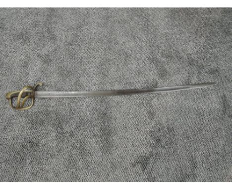 A British Light Cavalry Sword, 1821 pattern, brass guard, wired leather grip, blade edge has script decoration and 1827, blad