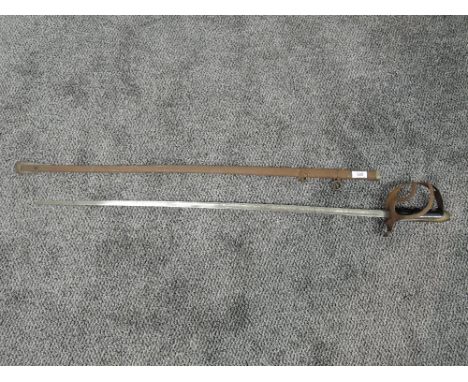 An Italian Cavalry Officers Dress Sword, open steel basket guard, wooden grip, etched blade, blade length 83cm, overall lengt