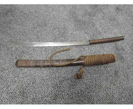 A Thai Dhaab Daab Sword with Slightly Curved Blade, wire bound grip, wooden scabbard with wire and rope binding, rope belt at