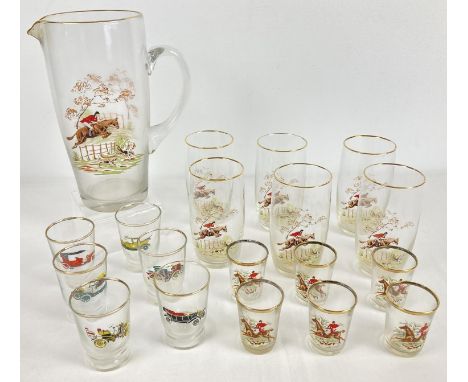 A quantity of assorted mid century glassware with transfer print detail. A tall pitcher decorated with huntsman and hounds de