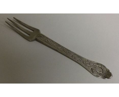 An early 17th Century English silver fork. Circa 1680. Maker's mark only, 'TN'. Approx. 8 grams. Est. £200 - £300.
