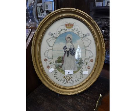 A 19TH CENTURY OVAL NEEDLEWORK PORTRAIT OF QUEEN VICTORIA, monogrammed 'V R' and dated 1837. The border embroidered with a ce