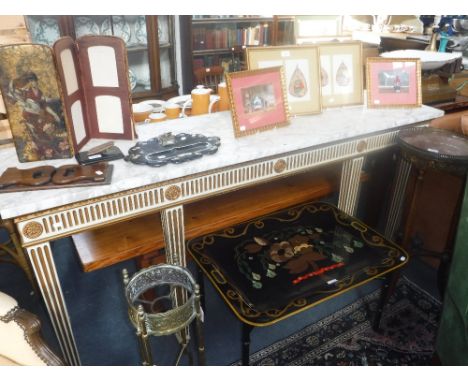 A PAINTED AND GILT CONSOLE TABLE of neo-classical design with arcaded frieze and rectangular veined white marble top, 72" wid