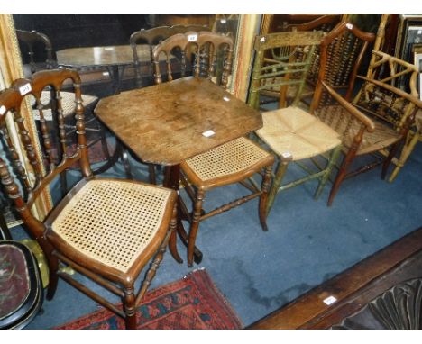 A REGENCY MAHOGANY TRIPOD TABLE (with old repairs), a painted Regency faux bamboo chair, a Victorian bobbin-turned chair and 