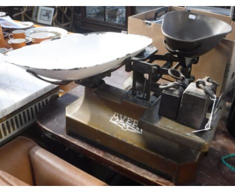 A SET OF AVERY GROCERY SCALES with enamel pan and weights and another similar set