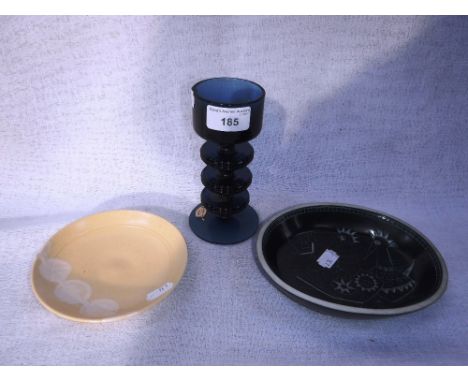 A TWO DISC SHERINGHAM GLASS CANDLESTICK by Ronald Stennett-Wilson, an Arabia dish and another similar dish