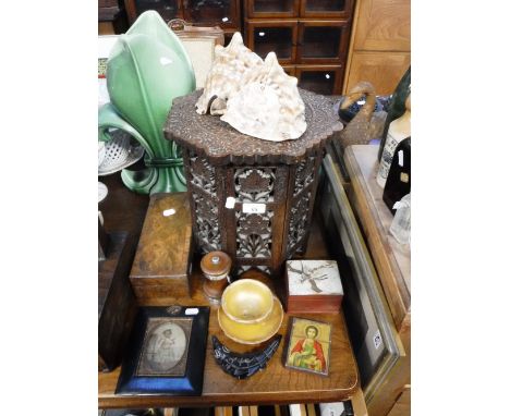 A SMALL HARDWOOD FOLDING TABLE, two shells, boxes and sundries