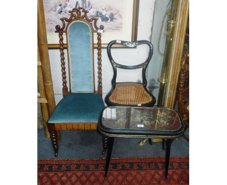 A VICTORIAN LACQUERED AND MOTHER OF PEARL INLAID BEDROOM CHAIR, a rosewood chair with barley-twist turnings and a beadwork tr