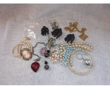 A MIXED BAG OF COSTUME JEWELLERY including pairs of 'Mother Earth' oval cufflinks and similar pearl necklaces