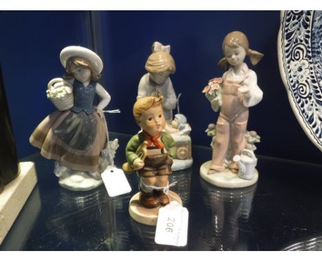 A LLADRO FIGURE OF A GIRL holding a basket of flowers and four similar figures