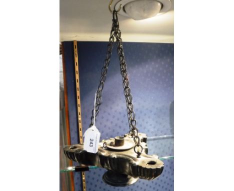A HANGING ROMAN STYLE THREE-LIGHT OIL LAMP