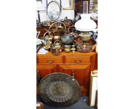 A 19TH CENTURY COPPER JAM PAN, a similar kettle, oil lamp, folding table and metalware 