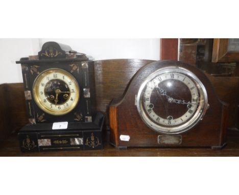 A VICTORIAN SLATE-CASED MANTEL CLOCK and an oak-cased mantel clock (keys in office)