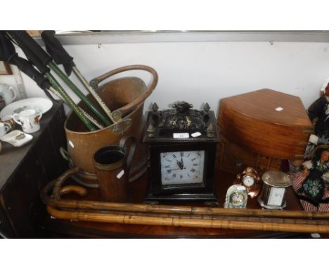 A REPRODUCTION SEXTANT in a fitted teak case, a mantel clock and sundries