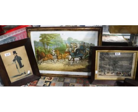 A 19TH CENTURY WATERCOLOUR PORTRAIT OF A BAKER, in rosewood frame, a chromolithograph view of the interior of The Crystal Pal