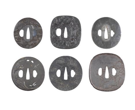 SIX TSUBA (HAND GUARDS)Edo period (1615-1868), 18th to 19th centuryAll iron except the third; the first circular, chiselled i