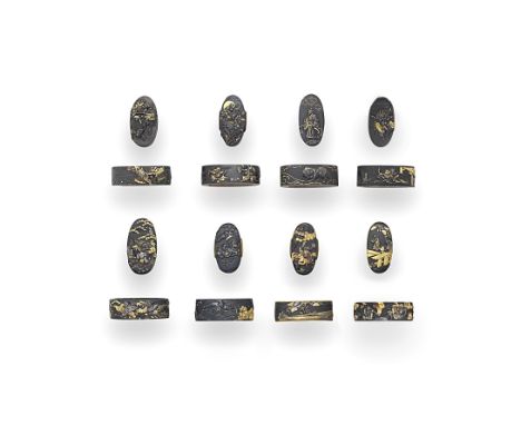 EIGHT FUCHI-GASHIRA (HILT COLLARS AND POMMELS)Edo period (1615-1868), 18th to 19th centuryThe first six all shakudo nanako ch